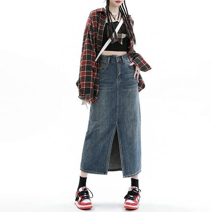 High Pencil Washed Rise Skirt Denim Midi Slit