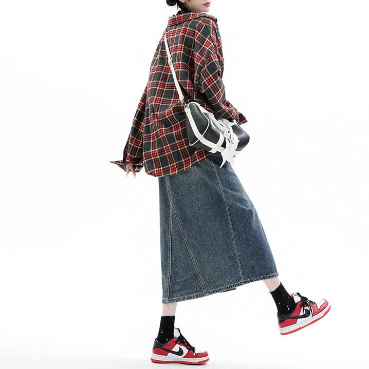 High Pencil Washed Rise Skirt Denim Midi Slit