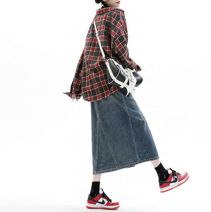 High Pencil Washed Rise Skirt Denim Midi Slit