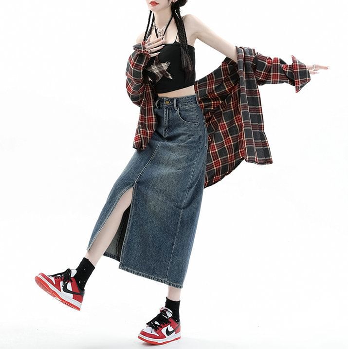 High Pencil Washed Rise Skirt Denim Midi Slit