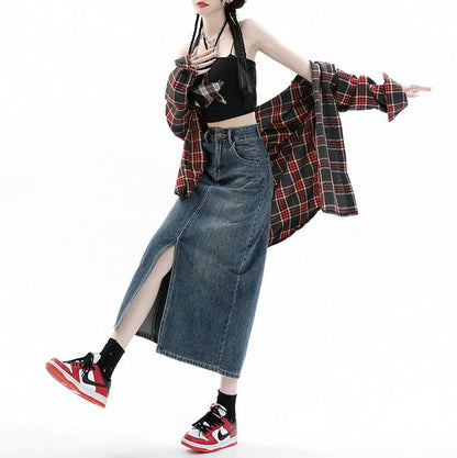 High Pencil Washed Rise Skirt Denim Midi Slit