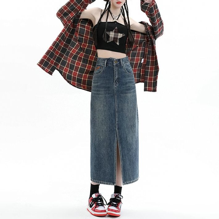 High Pencil Washed Rise Skirt Denim Midi Slit