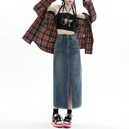 High Pencil Washed Rise Skirt Denim Midi Slit