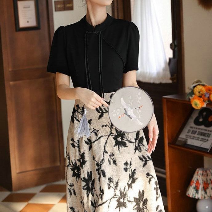 A-Line Collar Floral Mandarin Panel Dress Midi Short-Sleeve