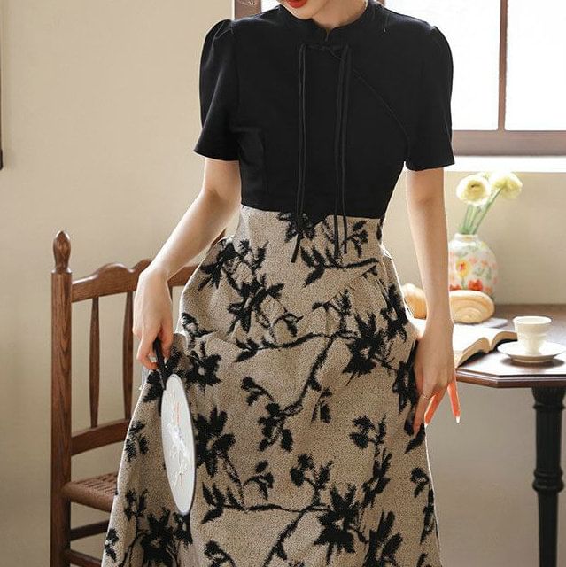 A-Line Collar Floral Mandarin Panel Dress Midi Short-Sleeve