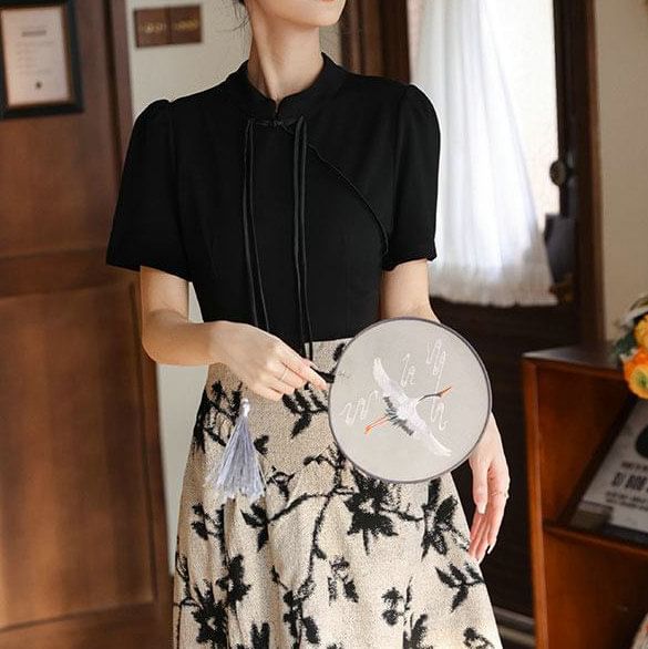 A-Line Collar Floral Mandarin Panel Dress Midi Short-Sleeve