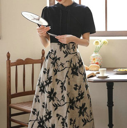 A-Line Collar Floral Mandarin Panel Dress Midi Short-Sleeve