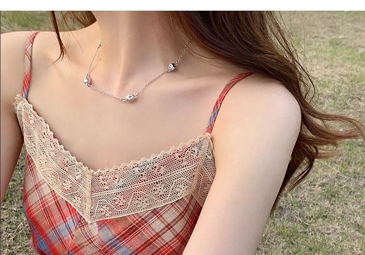 Lace Spaghetti Dress Strap A-Line Plaid Trim Midi