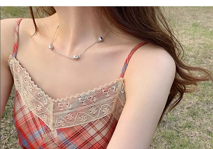 Lace Spaghetti Dress Strap A-Line Plaid Trim Midi