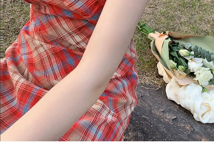 Lace Spaghetti Dress Strap A-Line Plaid Trim Midi