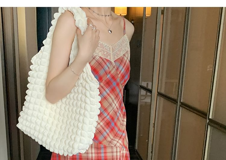 Lace Spaghetti Dress Strap A-Line Plaid Trim Midi