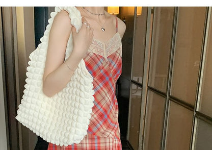 Lace Spaghetti Dress Strap A-Line Plaid Trim Midi