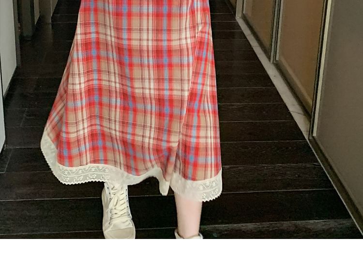 Lace Spaghetti Dress Strap A-Line Plaid Trim Midi