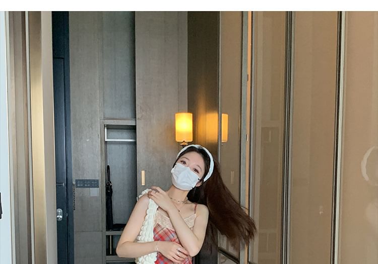 Lace Spaghetti Dress Strap A-Line Plaid Trim Midi