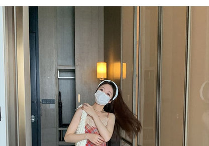 Lace Spaghetti Dress Strap A-Line Plaid Trim Midi