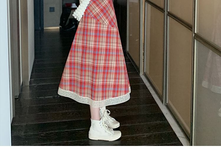 Lace Spaghetti Dress Strap A-Line Plaid Trim Midi