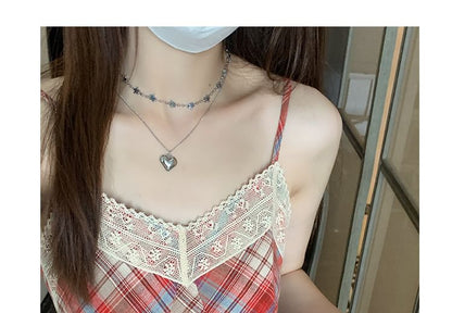 Lace Spaghetti Dress Strap A-Line Plaid Trim Midi