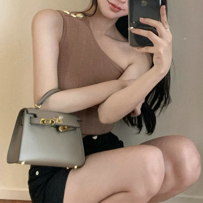 Top Knit One-Shoulder Tank Plain