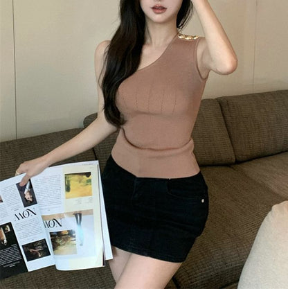Top Knit One-Shoulder Tank Plain
