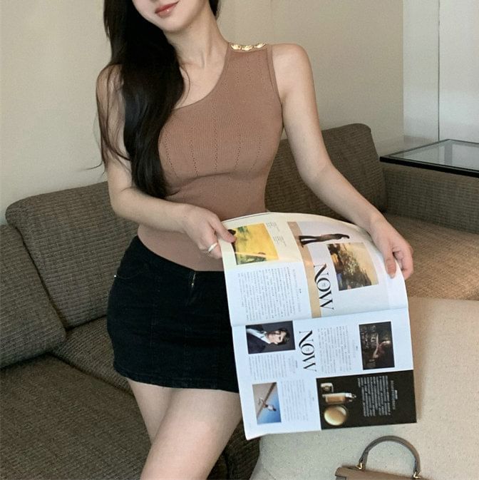 Top Knit One-Shoulder Tank Plain