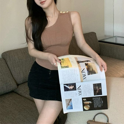 Top Knit One-Shoulder Tank Plain