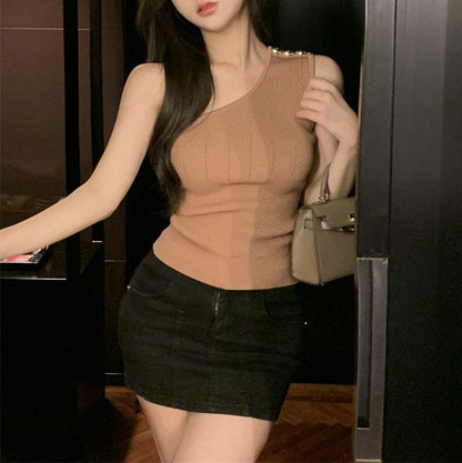Top Knit One-Shoulder Tank Plain