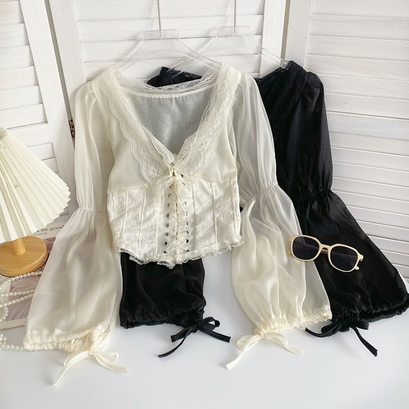 V-Neck Plain Lace Trim Bustier Blouse