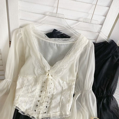 V-Neck Plain Lace Trim Bustier Blouse