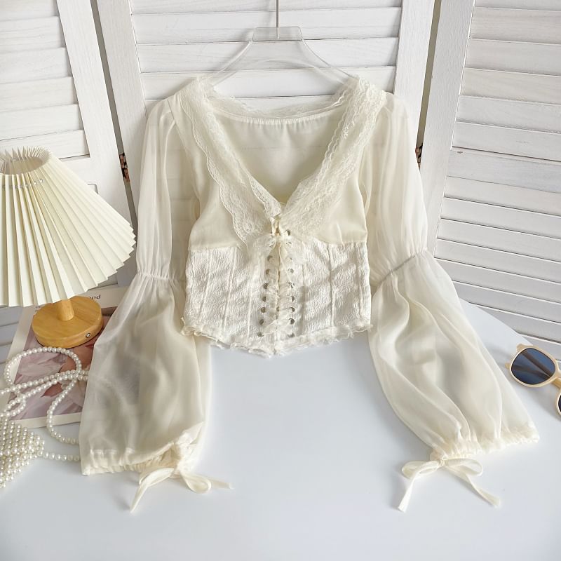 V-Neck Plain Lace Trim Bustier Blouse