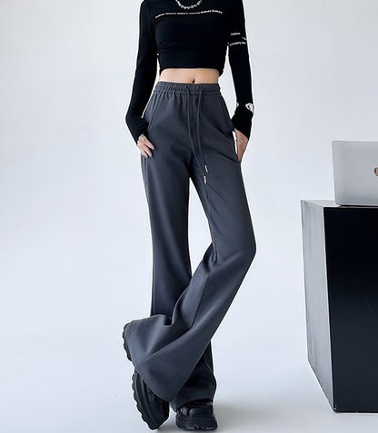 High Rise Plain Drawstring Flare Sweatpants