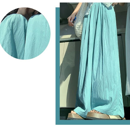 High Rise Plain Elastic Waist Wide Leg Pants