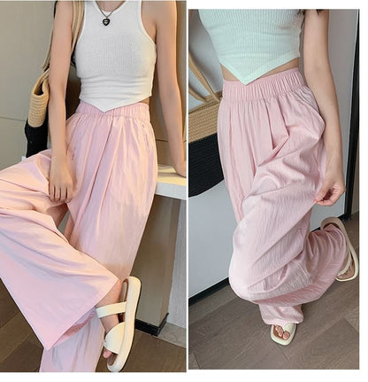 High Rise Plain Elastic Waist Wide Leg Pants