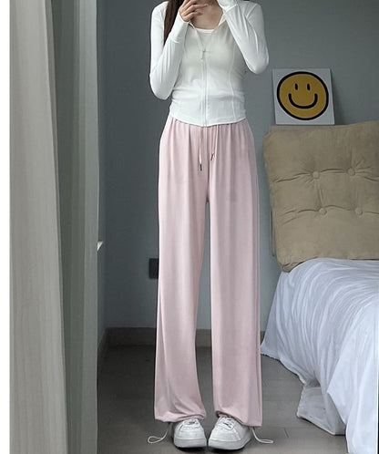 High Rise Plain Drawstring Gather Cuff Wide Leg Sweatpants