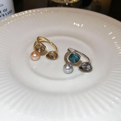 Open Pearl Layered Ring Rhinestone Faux