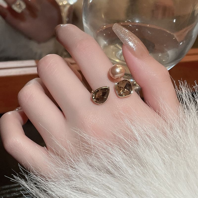 Open Pearl Layered Ring Rhinestone Faux