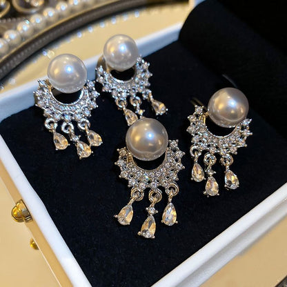 Faux Drop Rhinestone Fringed Earring Pearl