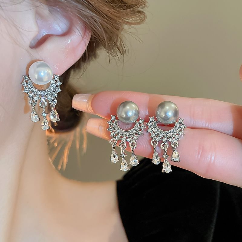 Faux Drop Rhinestone Fringed Earring Pearl