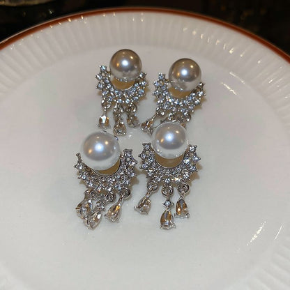 Faux Drop Rhinestone Fringed Earring Pearl