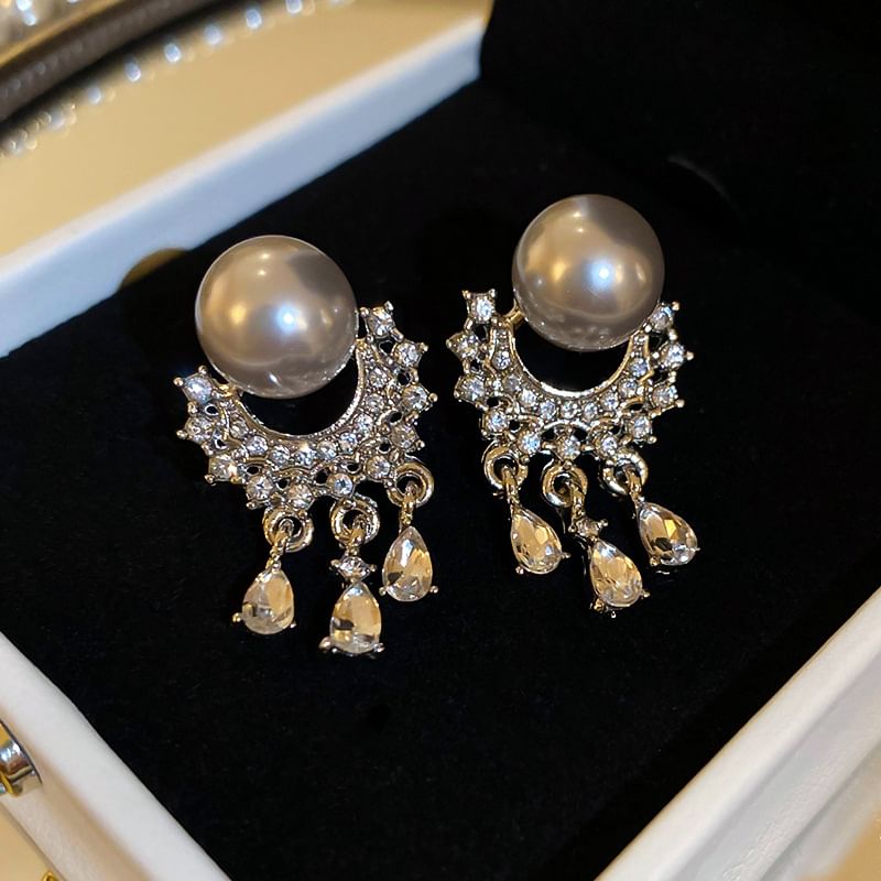 Faux Drop Rhinestone Fringed Earring Pearl