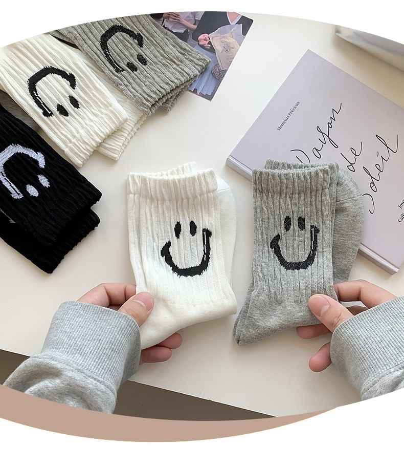 Smiley Face Print Ribbed Socks / Set