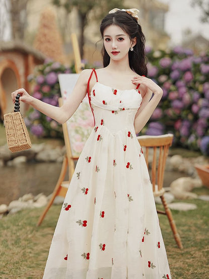 Set: Spaghetti Strap Floral Embroidered Midi A