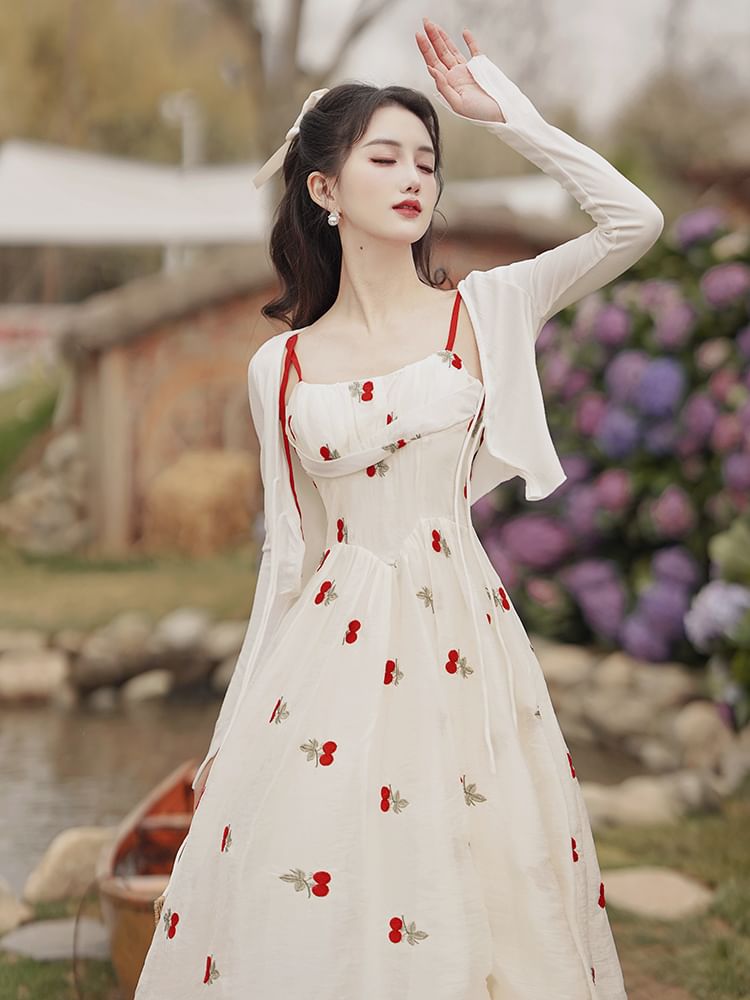 Set: Spaghetti Strap Floral Embroidered Midi A