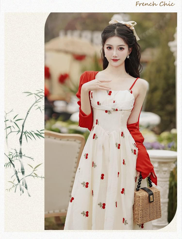 Set: Spaghetti Strap Floral Embroidered Midi A