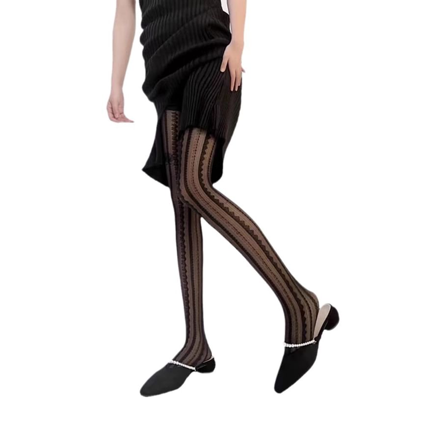 Striped Lace Trim Sheer Tights