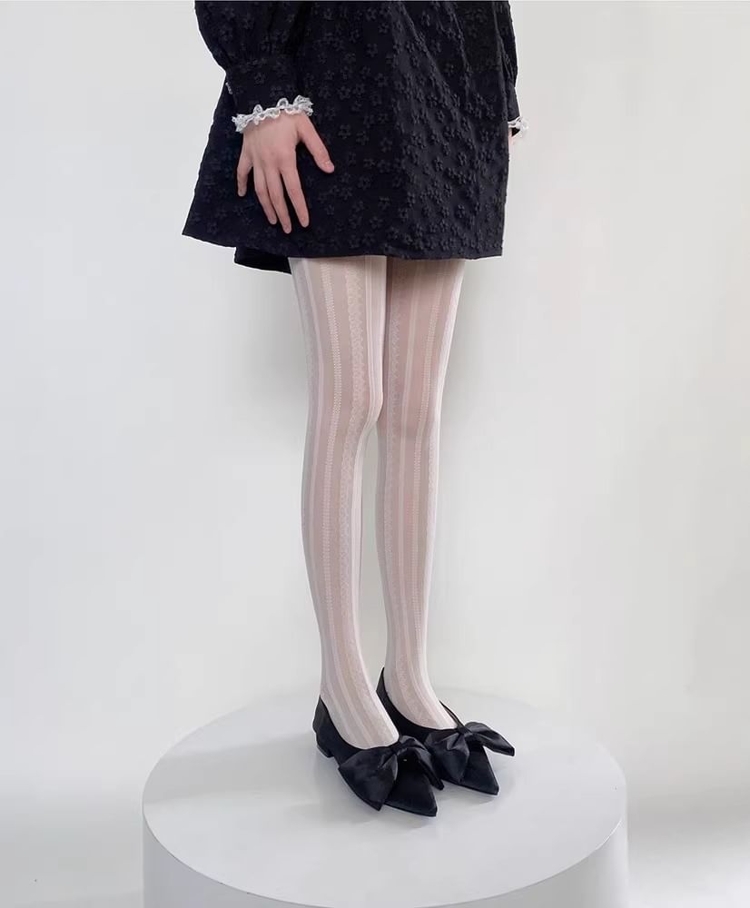 Striped Lace Trim Sheer Tights