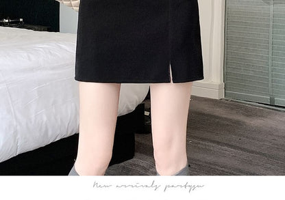 High Rise Plain Side-Slit Mini Pencil Skirt