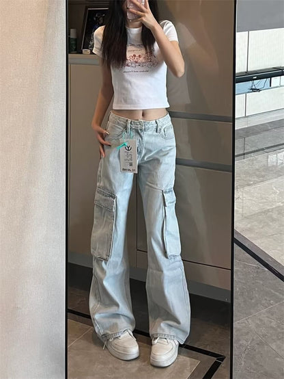 Low Rise Washed Wide Leg Cargo Jeans