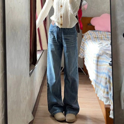 Mid Rise Applique Washed Wide Leg Jeans