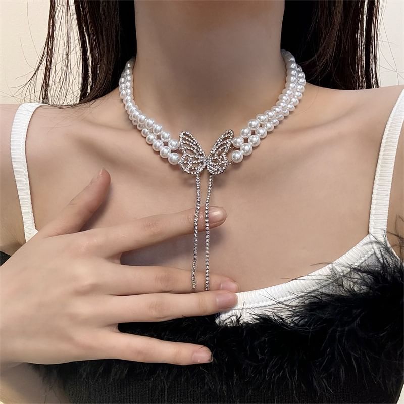 Rhinestone Alloy Butterfly Pearl Choker Faux