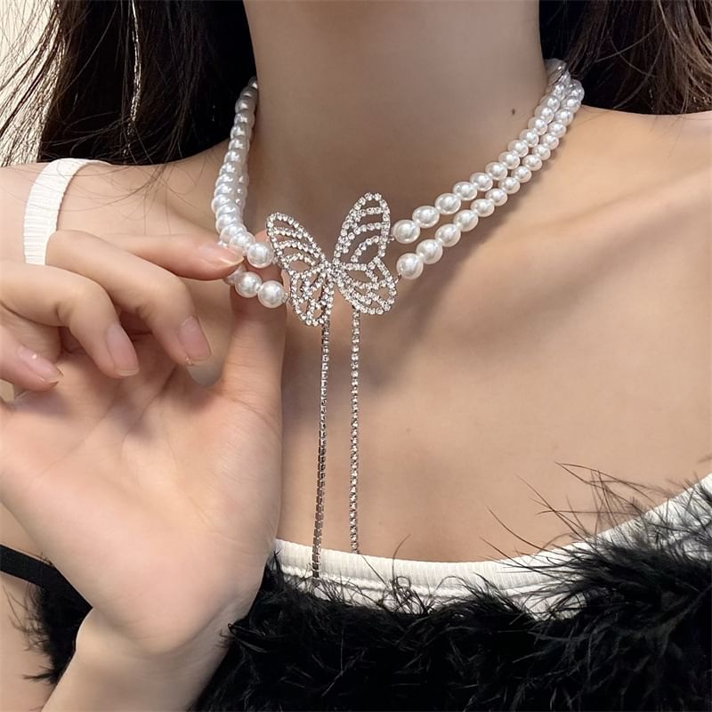 Rhinestone Alloy Butterfly Pearl Choker Faux